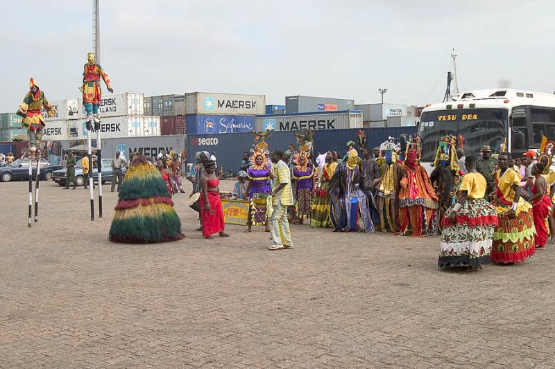 CRW_4485 Oct. 28, 2006 - Lome, Togo.  Voodoo dancers on the dock.